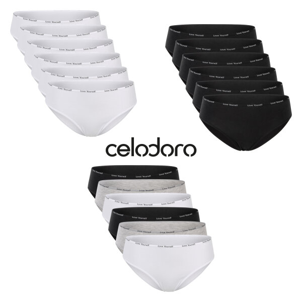 Celodoro Damen Slip (6er Pack) Bikini-Slip mit schmalem Ziergummi und Schriftzug