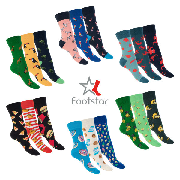 Footstar Damen & Herren Bunte Motiv Socken (3, 6 oder 9 Paar), Lustige modische Baumwoll Socken