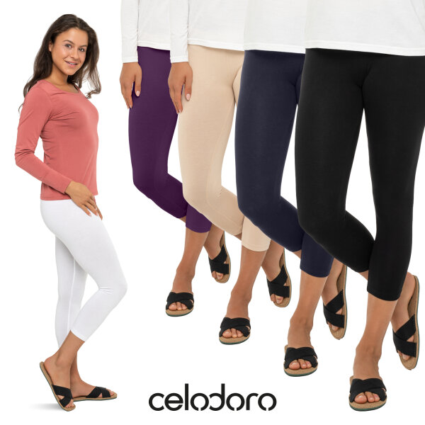 Celodoro Damen Leggings (3/4 Capri), Stretch-Jersey Hose aus Baumwolle